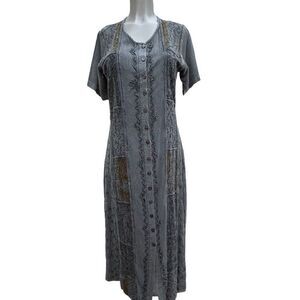 Lola P Boho Midi Dress Women's Small Gray Button Front Embroidered Bric a Brac